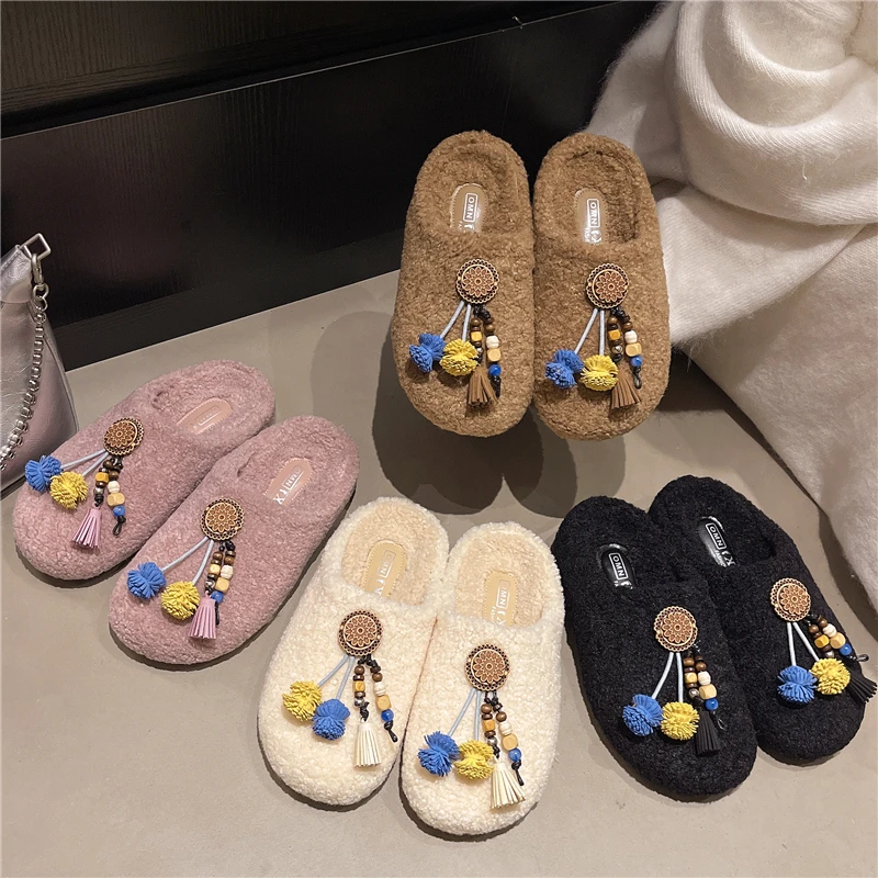 

Женские нечеткие тапочки «Ловец снов» в богемном стиле, уютная домашняя обувь без шнуровки из искусственного меха, сандалии на плоской подошве, шлепанцы, модные домашние