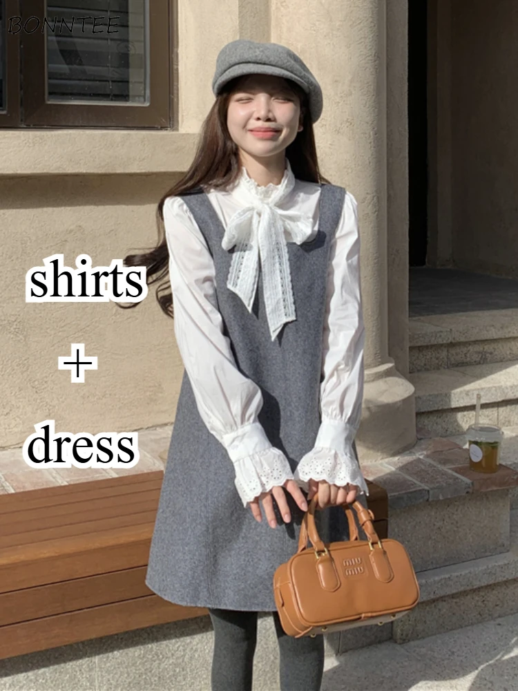 

Комплекты из 2 предметов, женские рубашки с расклешенными рукавами, мини-платье трапециевидной формы, эстетичная девичья универсальная уличная мягкая модная одежда во французском стиле