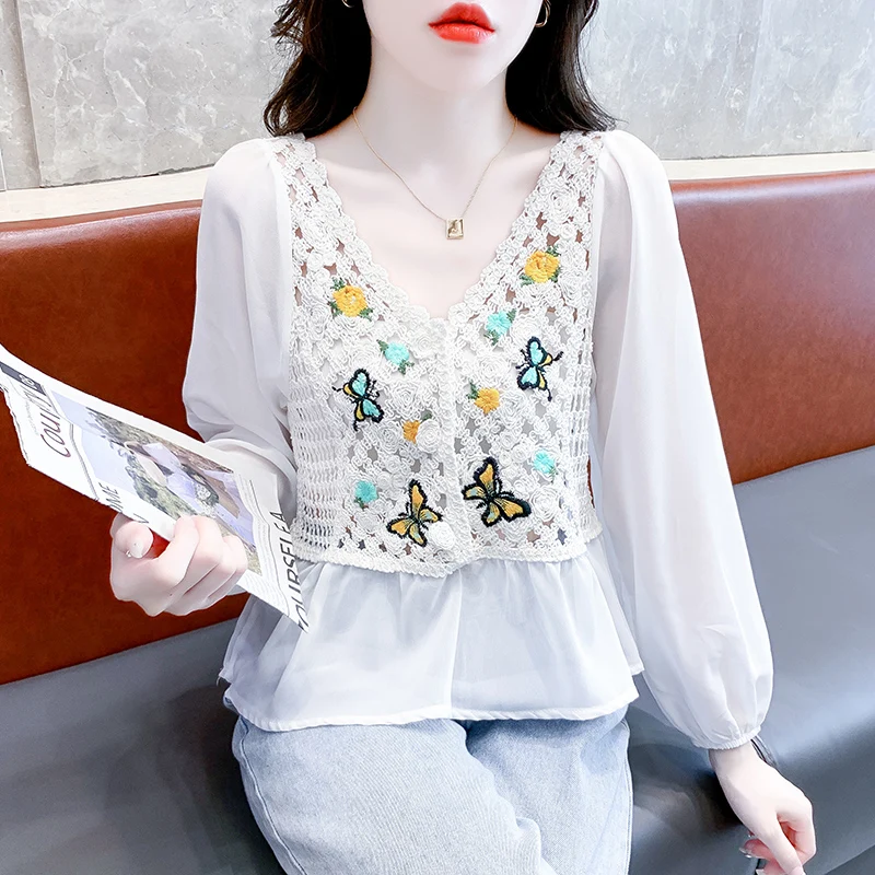 Girls Chiffon Stitching Hollow Out Jacquard Weave Blouse Women Clothing Female Fashion Casual Cute Womens V-neck Tops BPy1943