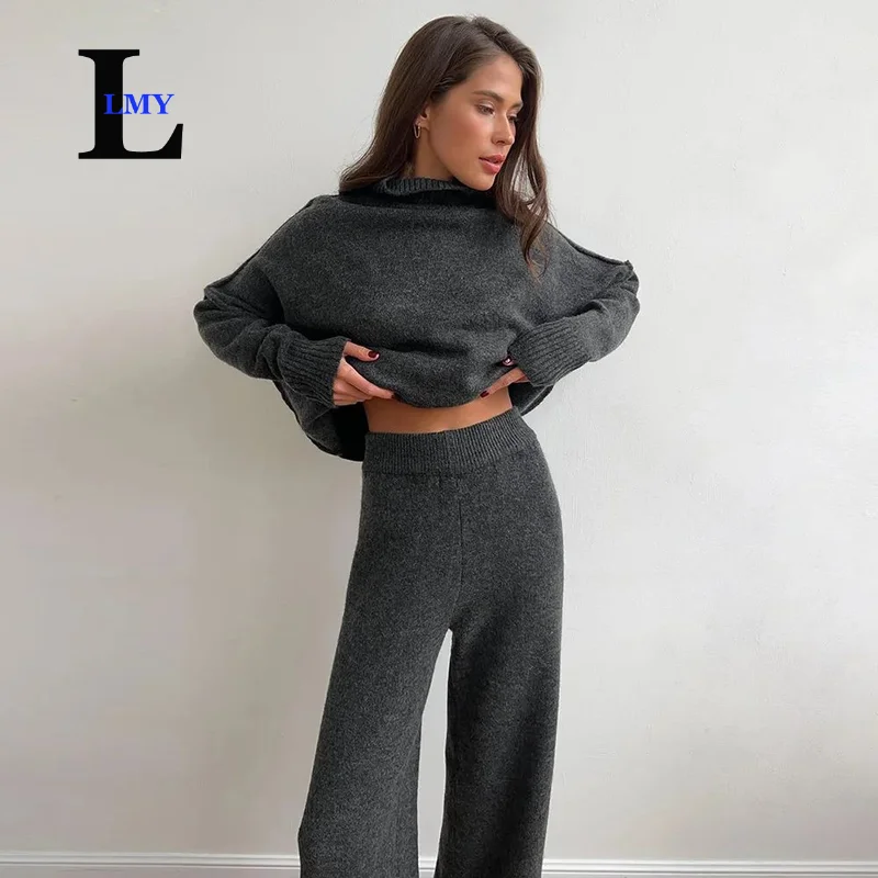 LMY 2025 autumn winter turtleneck sweater set women\'s loose casual lazy thickened knitted trousers suit