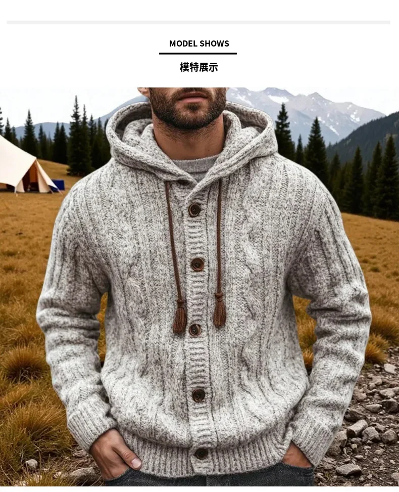 Herbst/Winter Luxus-Mode Herren Strickpullover mit Rippstruktur, Langarm-Kapuzen-Cardigan, Oberteil, Mantel – Detail 4