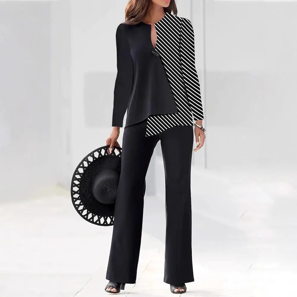 

Осень 2025 г., женский новый модный комплект, женский элегантный офисный комплект с длинным рукавом и v-образным вырезом, сращенный ​ ​ Комплект из рубашки + широкие брюки