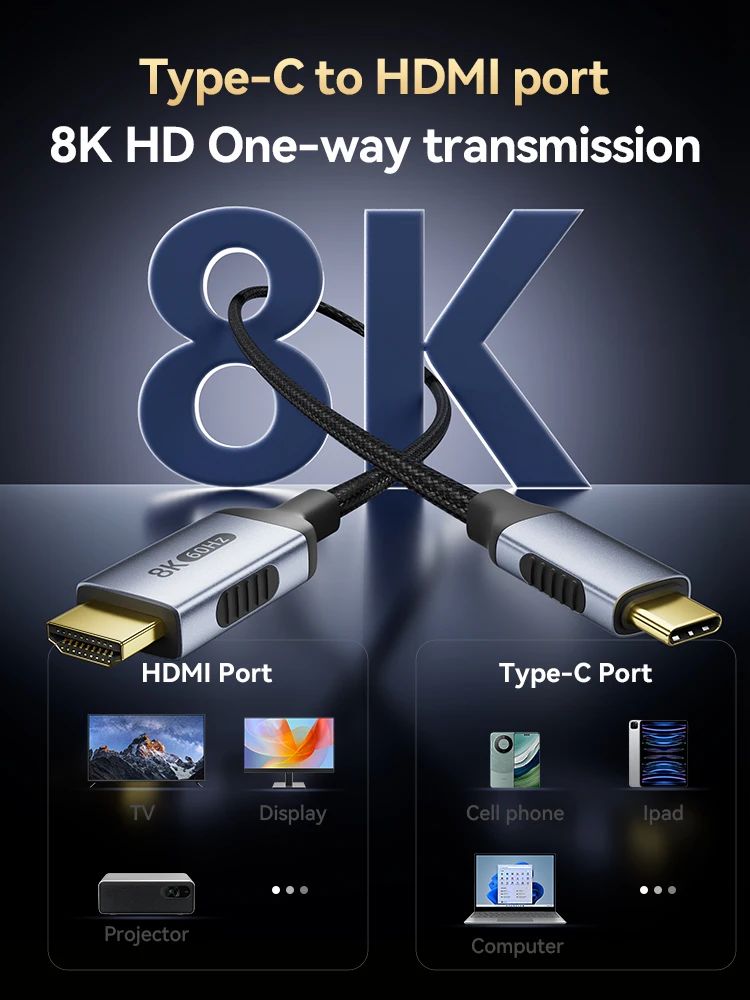 8K@60hz USB C auf HDMI Kabel Typ C auf HDMI 2.1 8K 4K@120hz 48Gbps HDR HDCP für Thunderbolt 4/3,iPhone 16/15 Pro Max Galaxy – Detail 8