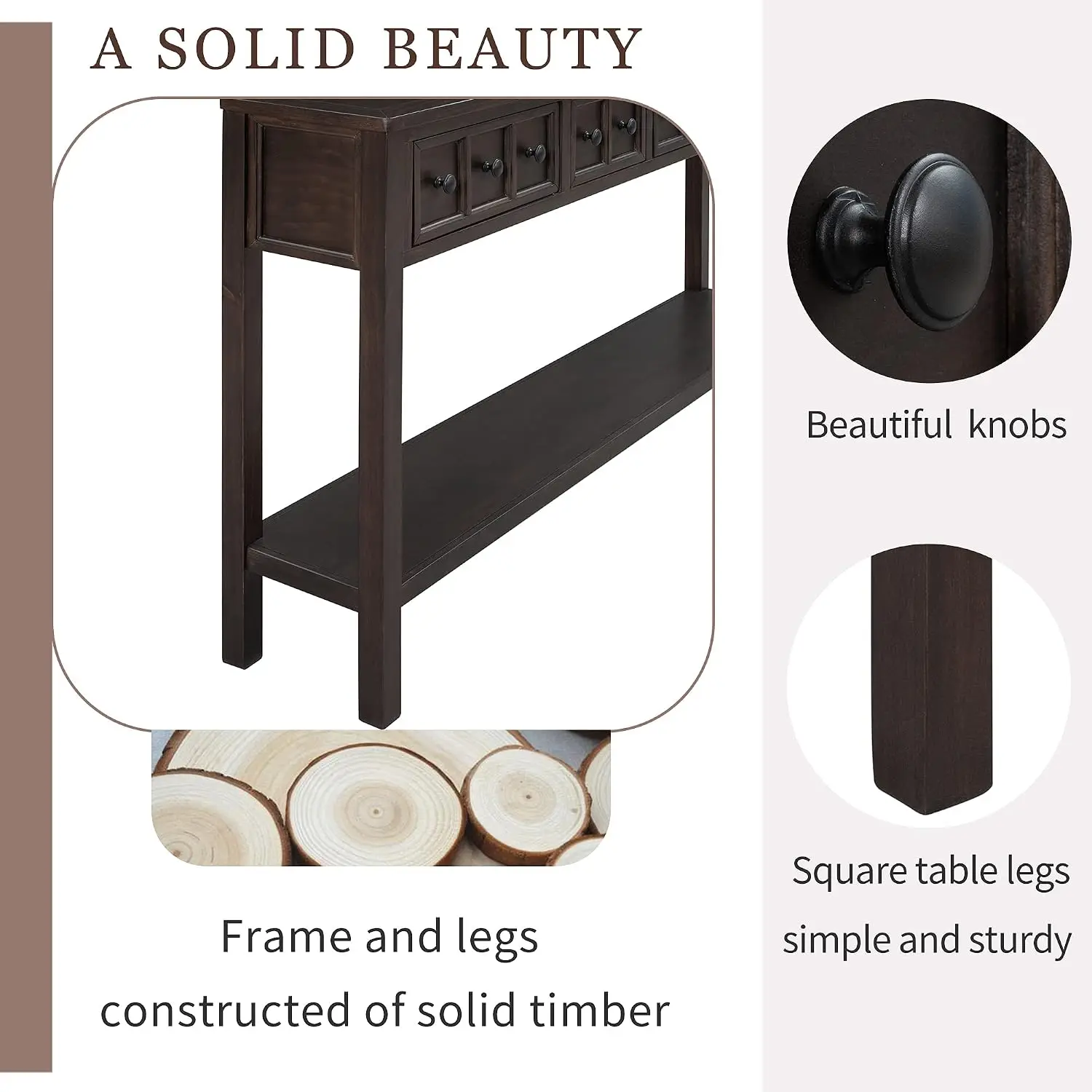 Rustic Console Table with 4 Drawers & Lower Shelf, Narrow Entryway Sofa Table for Living Room Hallway, Easy Assembly, Customized