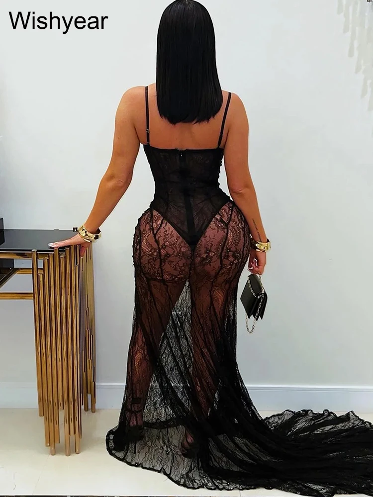Wishyear Damen Sexy Black Mesh Lace Floral Bodysuit Spaghettiträger Meerjungfrau Kleid für Nachtclub Geburtstag Party Abendrobe