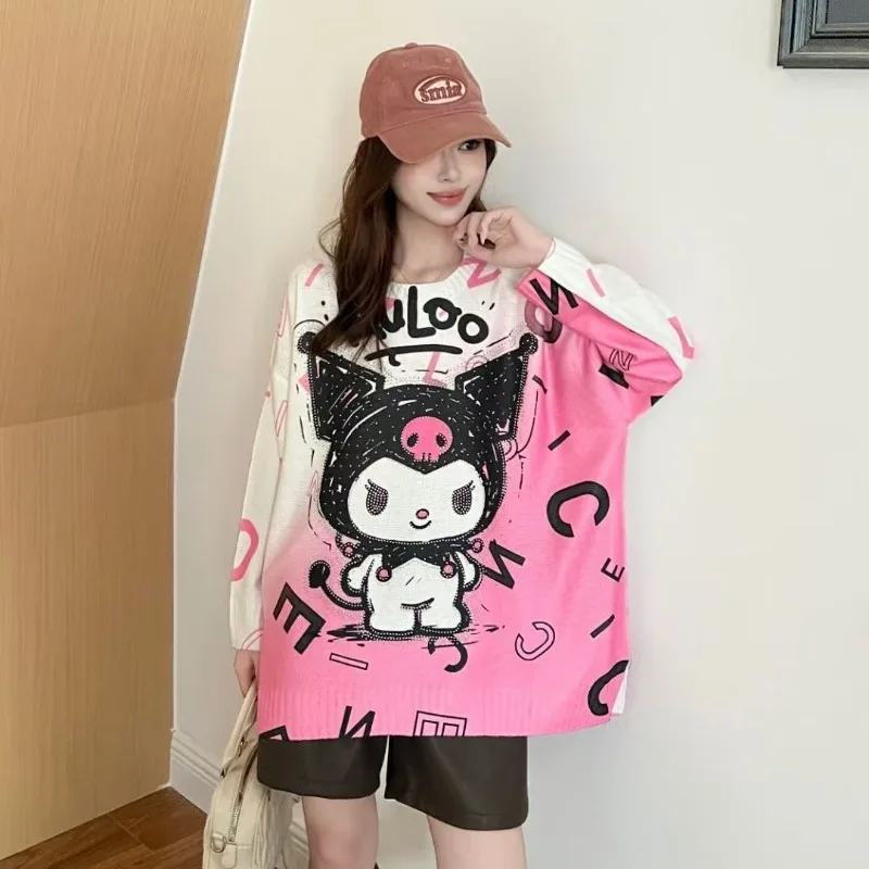 

Sanrio Kuromi женский свитер с мультяшным принтом, милый милый пуловер Y2k, топ в корейском стиле, свободный крой, женский вязаный кардиган с горячими бриллиантами