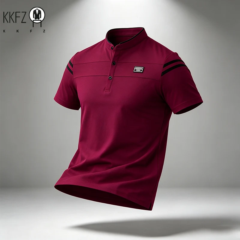 Mens Basic Stand Collar Short Sleeve Polo Top Sleeve Stripes Suitable For Vacation Short Trip And Multiple Leisure Scenes