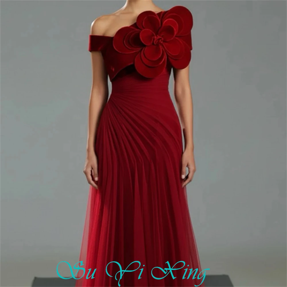 Vestido de noche de Organza rojo Simple personalizado, elegante vestido de celebridad con un hombro redondo, vestido de fiesta de tren de barrido recto clásico