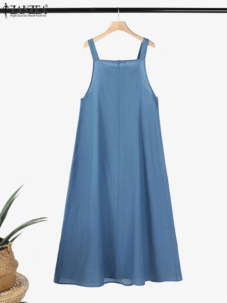 ZANZEA Suspender Summer Maxi Dress Denim Blue Islamic Bowknot Detail Muslim Pinafore Robes Women Casual Sleeveless Overall Dress