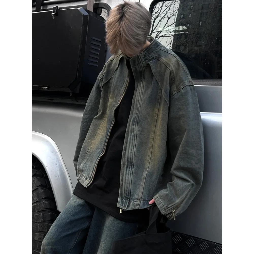 

Свободная джинсовая куртка на молнии, мужская осень-зима, большой размер, желтая глина, синий воротник-стойка, американский Sle Faion Oute...