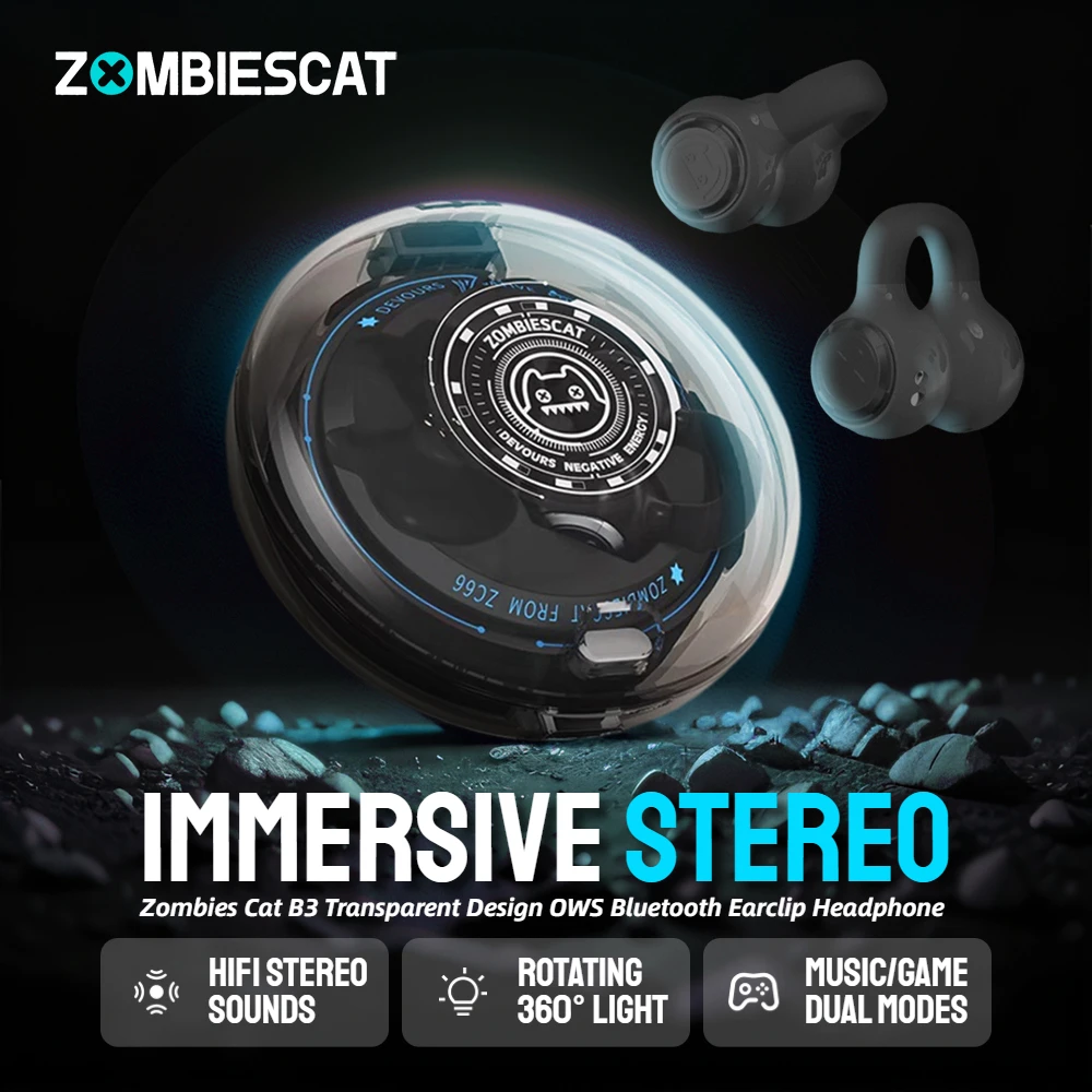 

Zombiescat B3 OWS Ear Clip Wireless Headphone Transparent Design Bluetooth Wireless Earphones HiFi Stereo TWS Wireless Earbuds