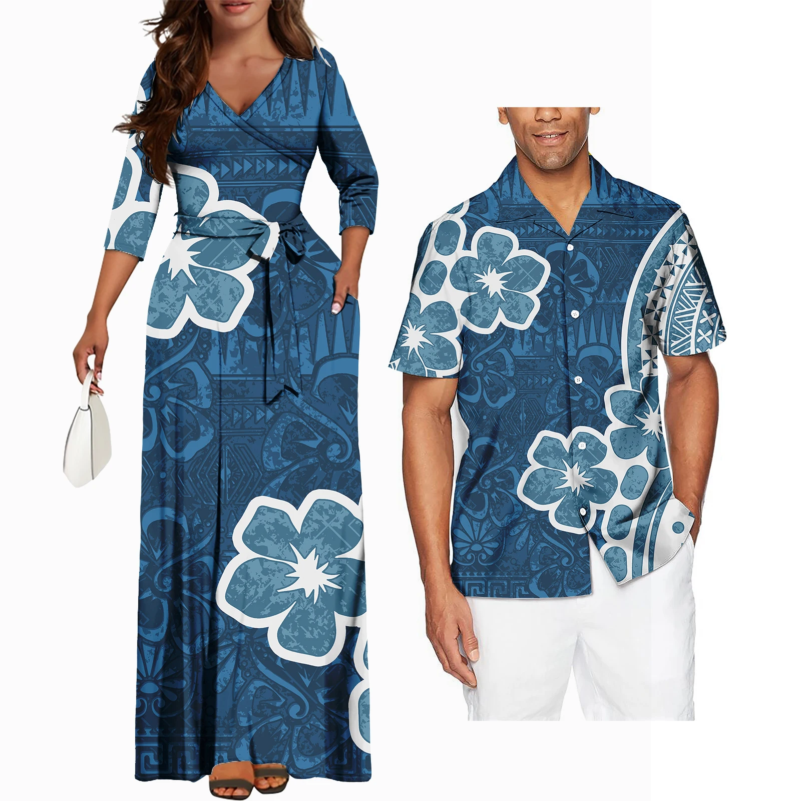 Hawaii Blume gedruckt polynes ischen Kleid lässig Frauen Maxi lange Kleider passend Herren hemd Paare passende Outfits