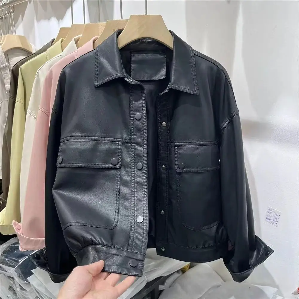 Tooling Wind Leather Jackets Female PU Leather Coat Women's Jacket 2024 Autumn New Big Pocket Outerwear Casual Solid Color Tops