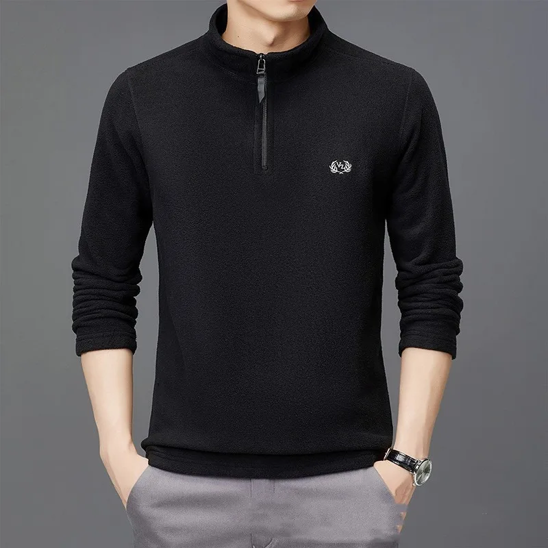 Autumn and Winter Men's Solid Color Pullover with Velvet Standing Neck Half Zipper Embroidered Sweater Sweatshirt Fashion Tops