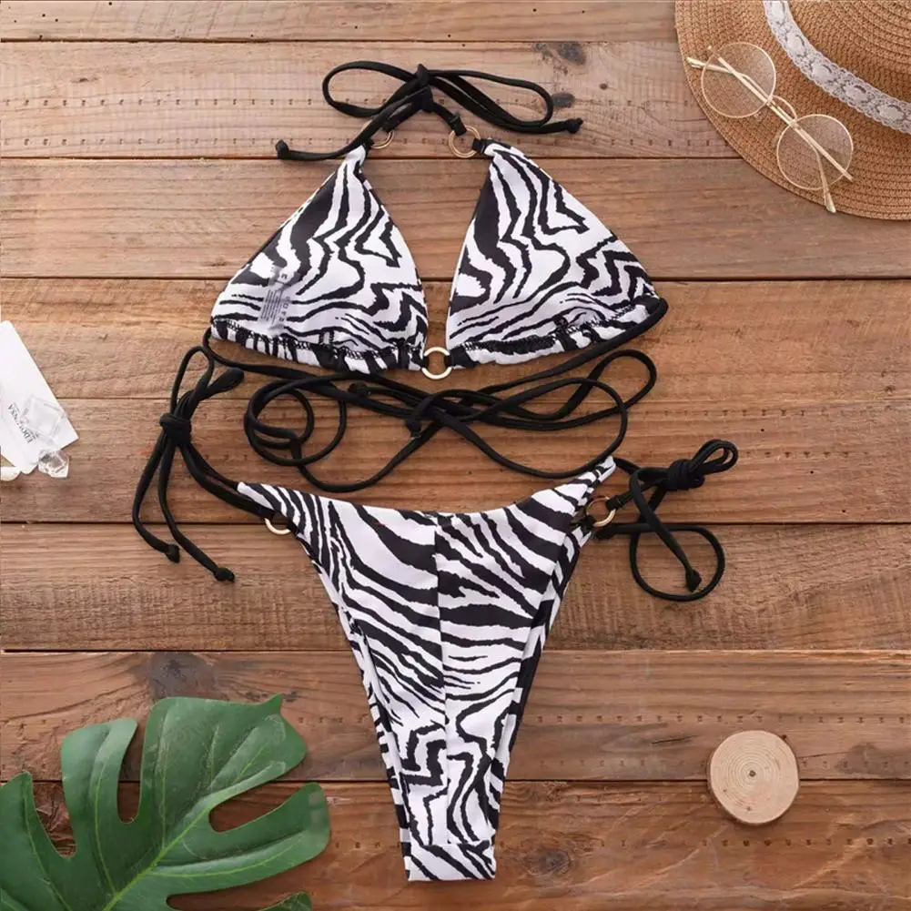 Zebra Print Swimsuit Zebra Print Halter Bikini Set with High Waist Lace-up Briefs Women\'s Summer Swimwear Set with for Vacation