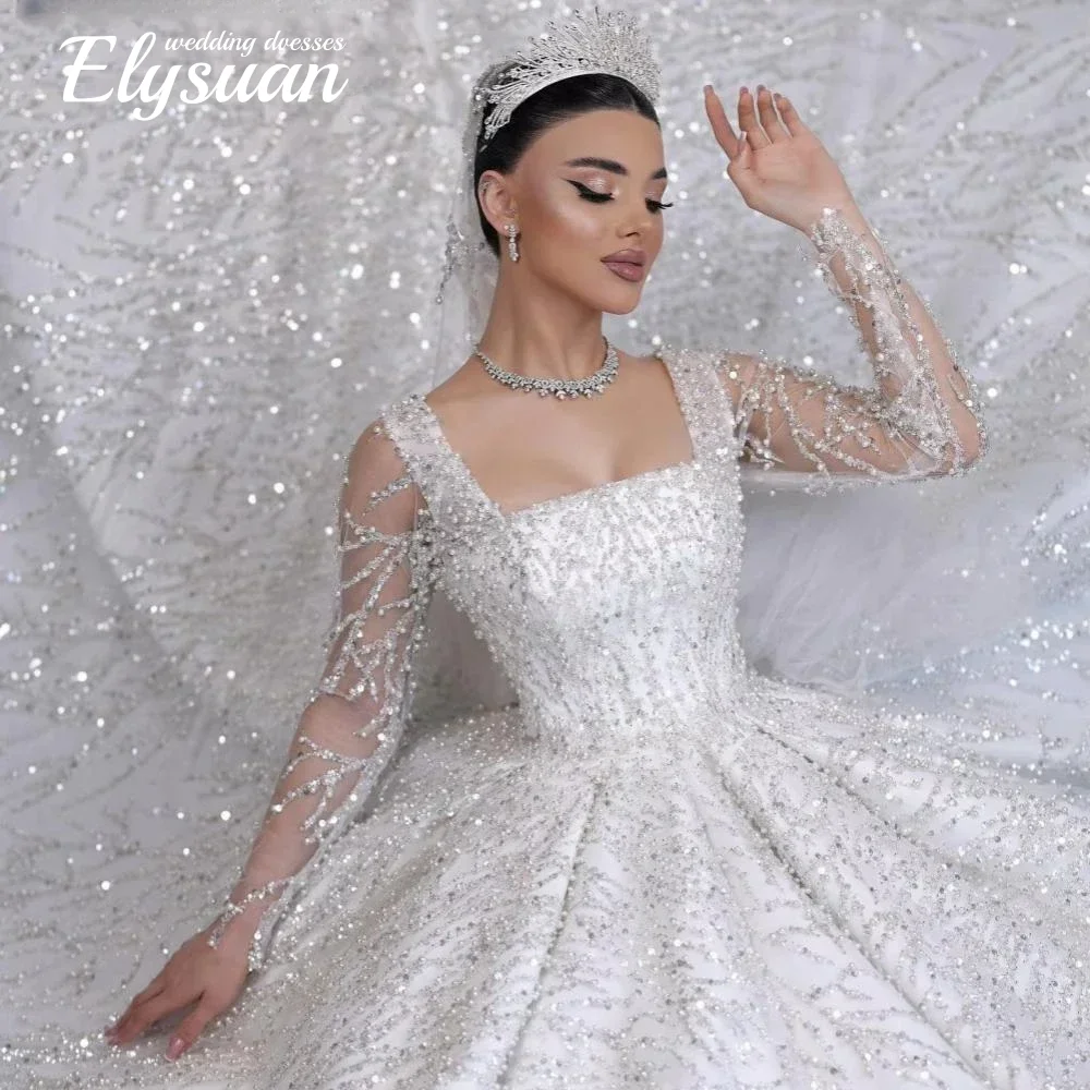 Robes de mariée perlées personnalisées, manches longues, encolure carrée, robe de mariée élégante pour femmes