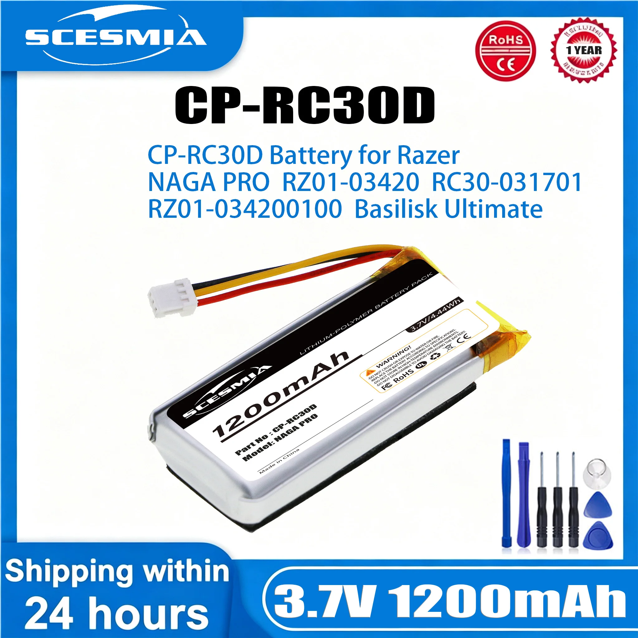 3.7V 1200mAh Keyboard,Mouse Battery CP-RC30D for RAZER NAGA PRO, RZ01-03420, 034200100,BASILISK ULTIMATE,RC30-031701