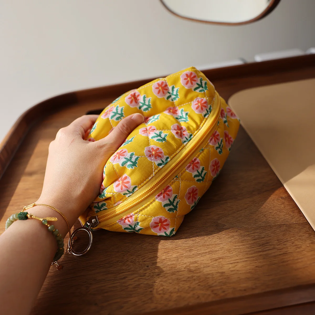 Cartoon pattern cosmetic bag Cute toast-shaped fabric storage bag Floral pastoral style toiletry bag