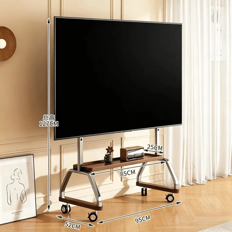 Home Modern Minimalist Tv Stand Mobile Tv Trolley Cart with Wood Shelf for Living Room Bedroom Sturdy Construction Long Use Life