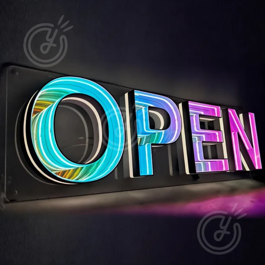 Offenes Spiegel-Schild, individuelles Infinity-Spiegel-LED-Neon-Schild, Hochzeits- und Geburtstagsfeier-Dekoration, 3D-Geschäftswand-Logo, Ladendekoration, Beschilderung