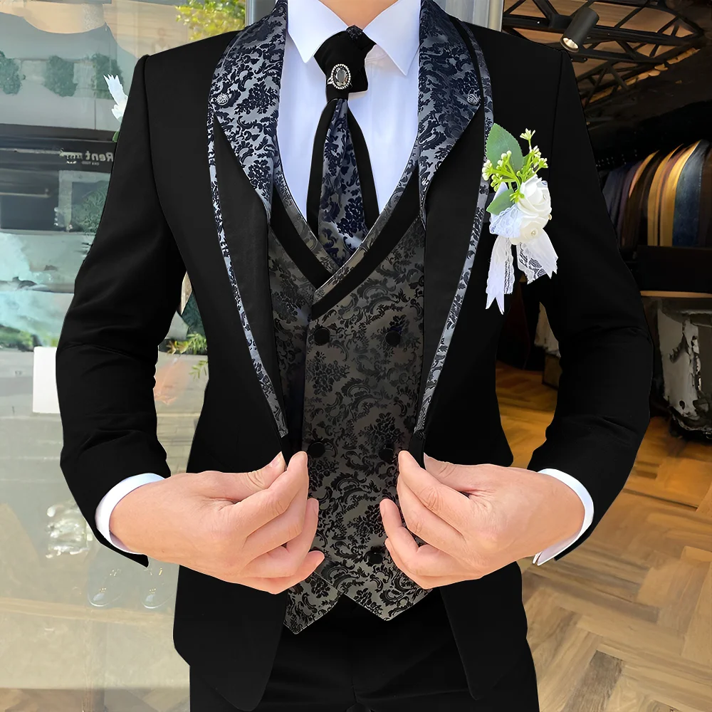 Handsome Men\'s Suit 3-piece Elegant Groom Wedding Tuxedo Jacket Pants Vest Customized Formal Blazer for Male