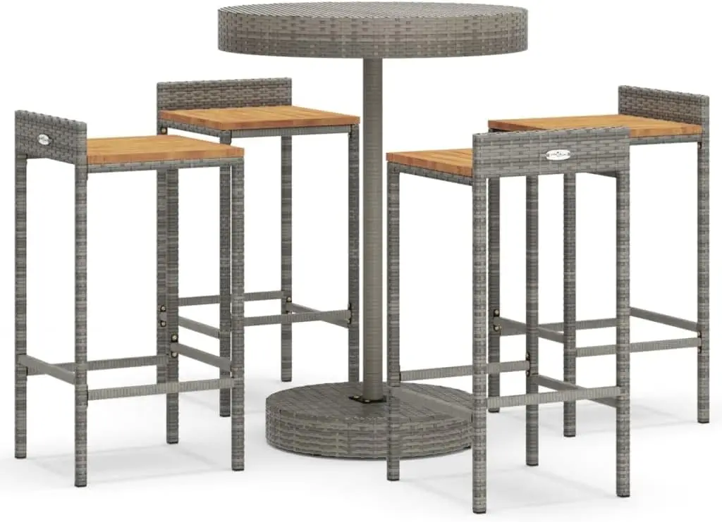 5 Piece Patio Bar Set Gray Poly Rattan&Solid Wood Acacia-28068