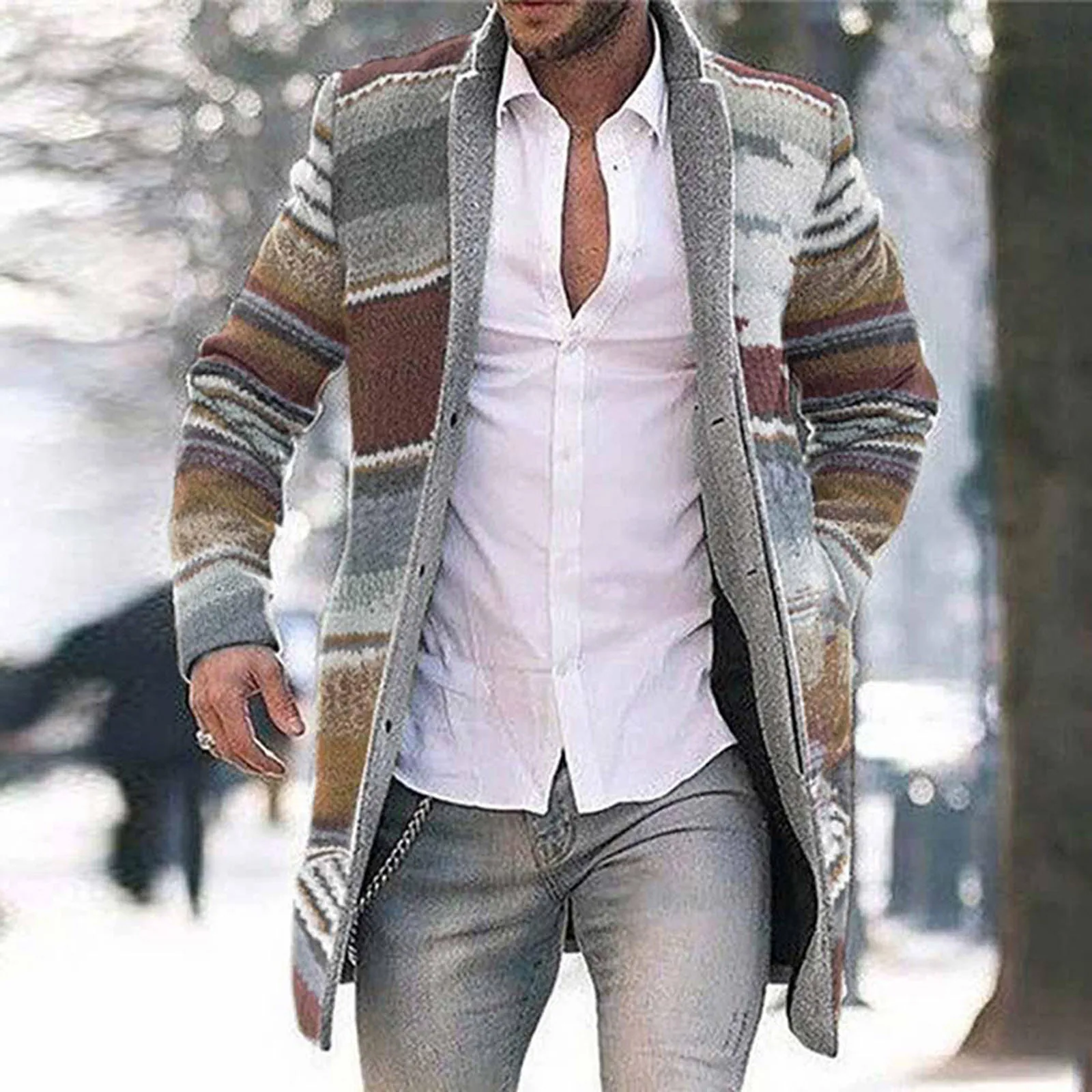 

Autumn Winter Retro Print Woolen Coat Men Casual Single Breasted Lapel Long Sleeve Coat Men Fashion Loose Pocket Mid Long Jacket