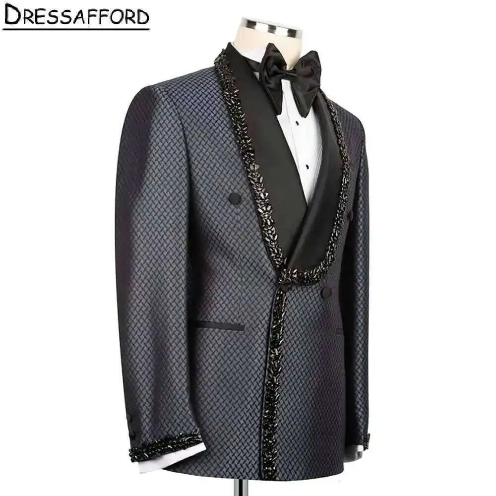 Black Checked Jacquard Men Suits Two Pieces Beading Crystal Evening Party Blazer Groom Wear Jacket + Pants