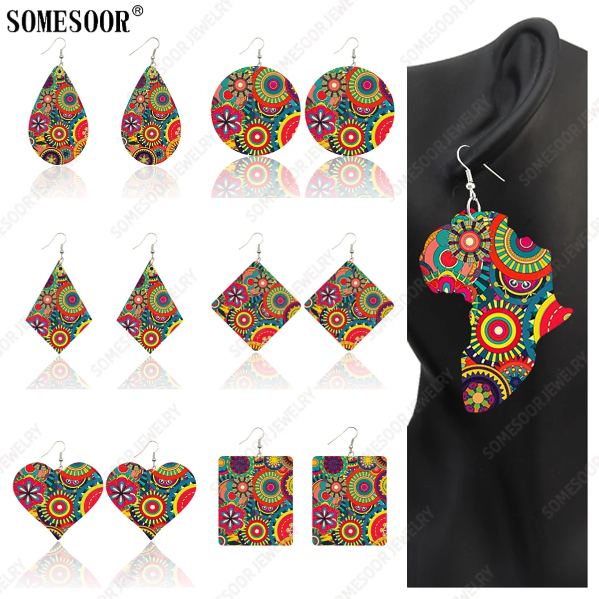 SOMESOOR Fashion African Fabric Design Wooden Drop Earrings Jewelry For Women Gifts Bohemain Art Print Geometric Dangle Pendant