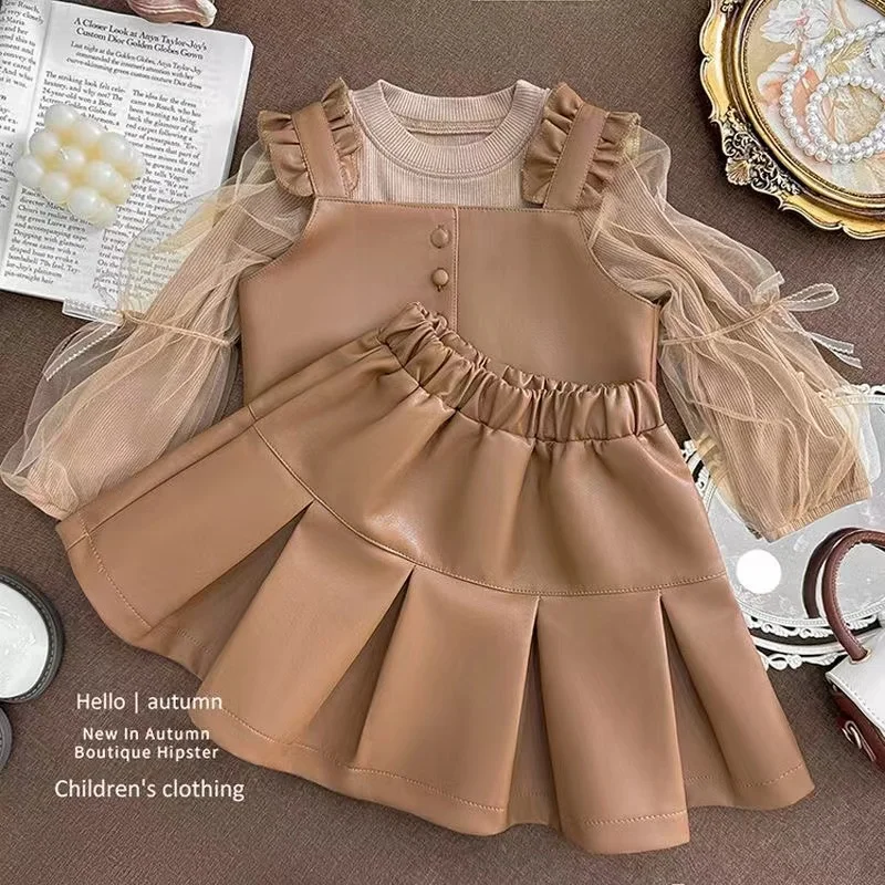 Children Autumn Winter New Style Long Sleeve Sweater Vest PU Leather Short Skirt Girls Three Piece Set Kids Outfits