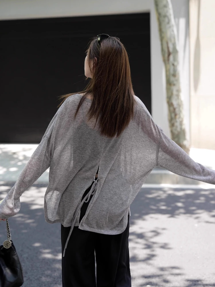 

Gray Long Sleeve Knitted Open Cardigan Women's Summer Breathable Outerwear Coat Back Split Belted Thin Outer Layer