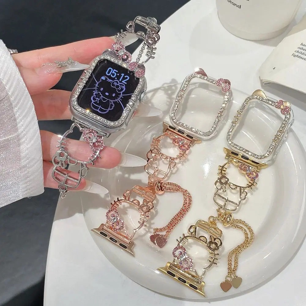 Hello Kitty Apple Watch Pasek do zegarka Kawaii Sanrio Łańcuszek do zegarka Y2K Metalowy diamentowy pasek Nadaje się do zegarków IWatch 98765Se Prezent dla dziewczynki