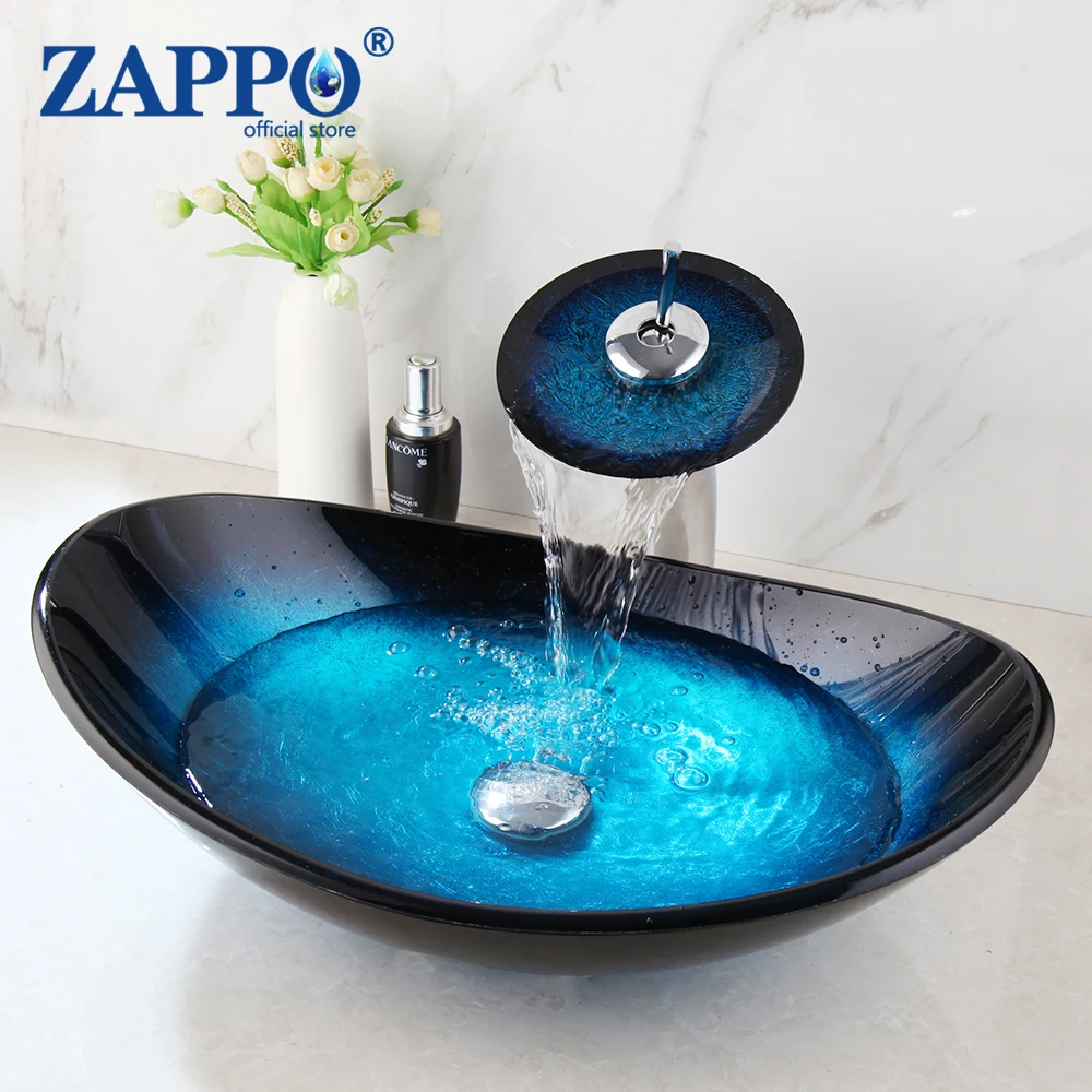 

ZAPPO Tempered Glass Basin Sink Washbasin Bathroom Vessel Sinks Counter top Bowl Washroom Vessel Vanity Sink with Faucet Tap