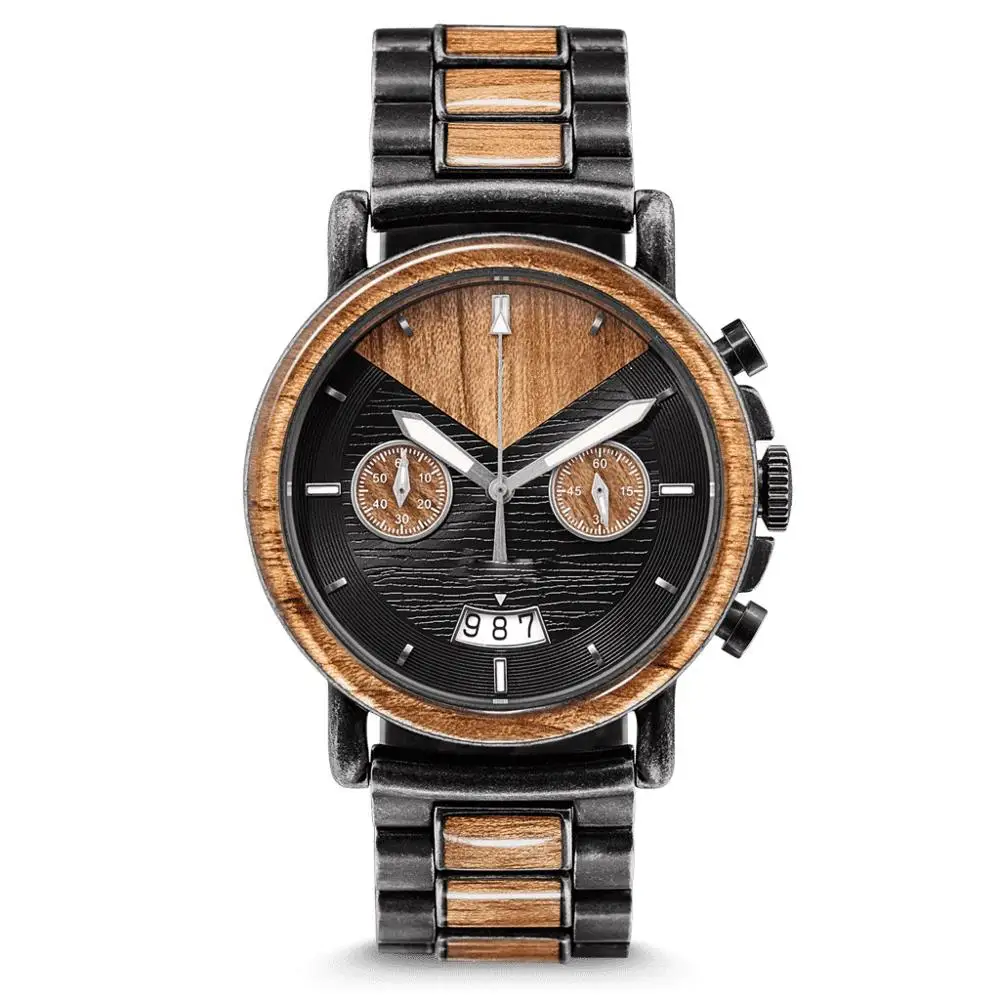 Top Luxury Branded Wooden Watches Men Functional Watch Business Quality Wood Steel Band Wristwatch