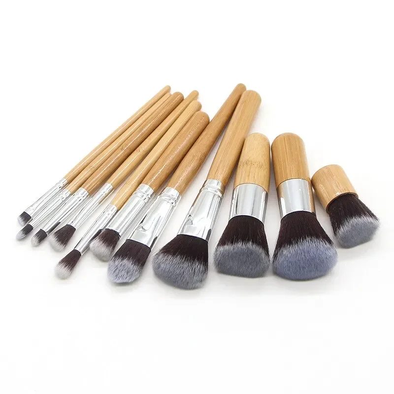 11Pcs Bamboo handle makeup brush with linen bag, bamboo handle makeup brush set, beauty tools