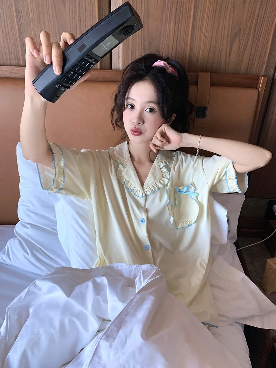 

Летний комплект для сна с кружевными узлами: женская свободная домашняя одежда, студенческая одежда для улицы, с коротким рукавом, милый стиль