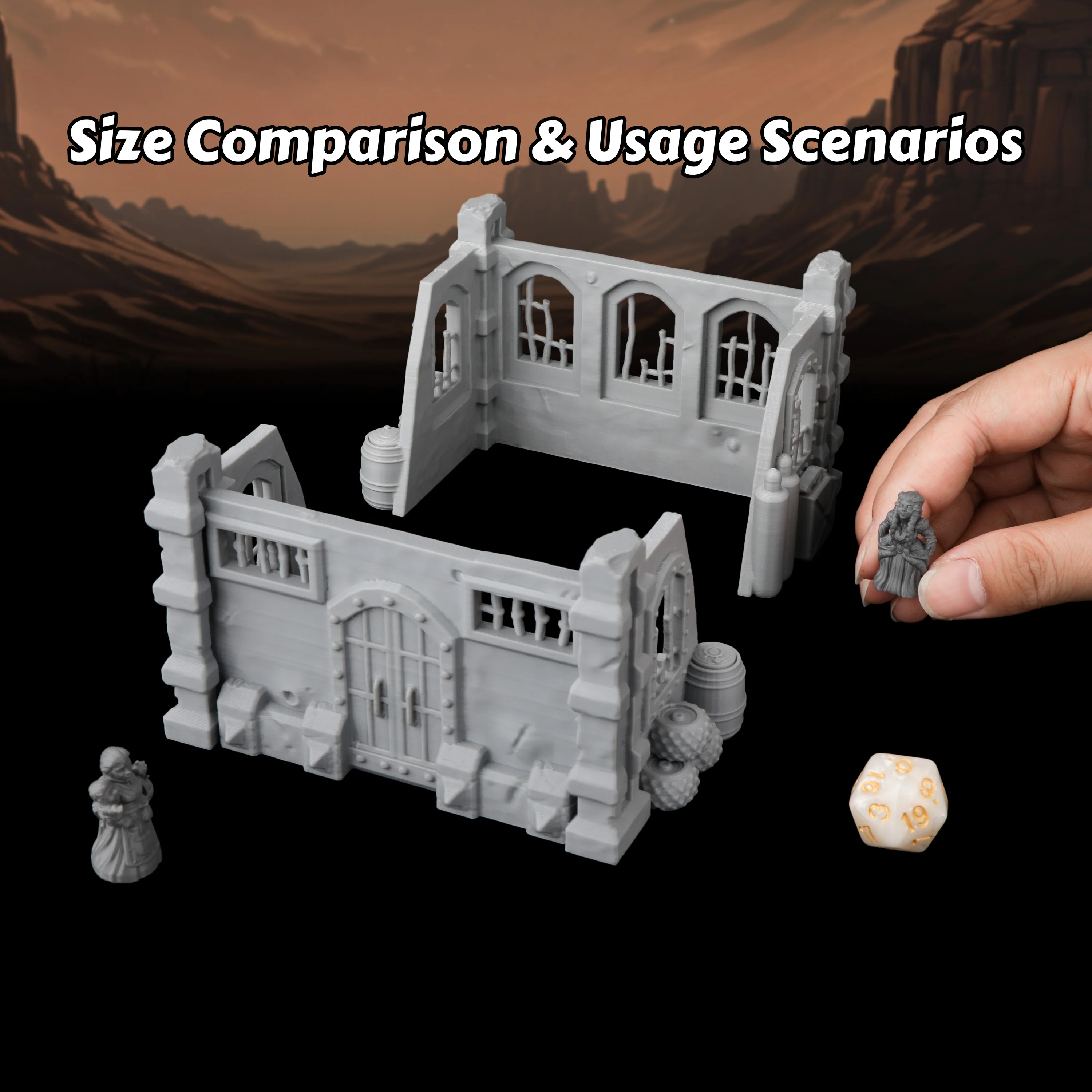 2 Pcs RPG Fortress Walls Miniature Terrain - Gothic Themed Ruined Wall Sections for Tabletop RPG Scenery Great TTRPG Accessories