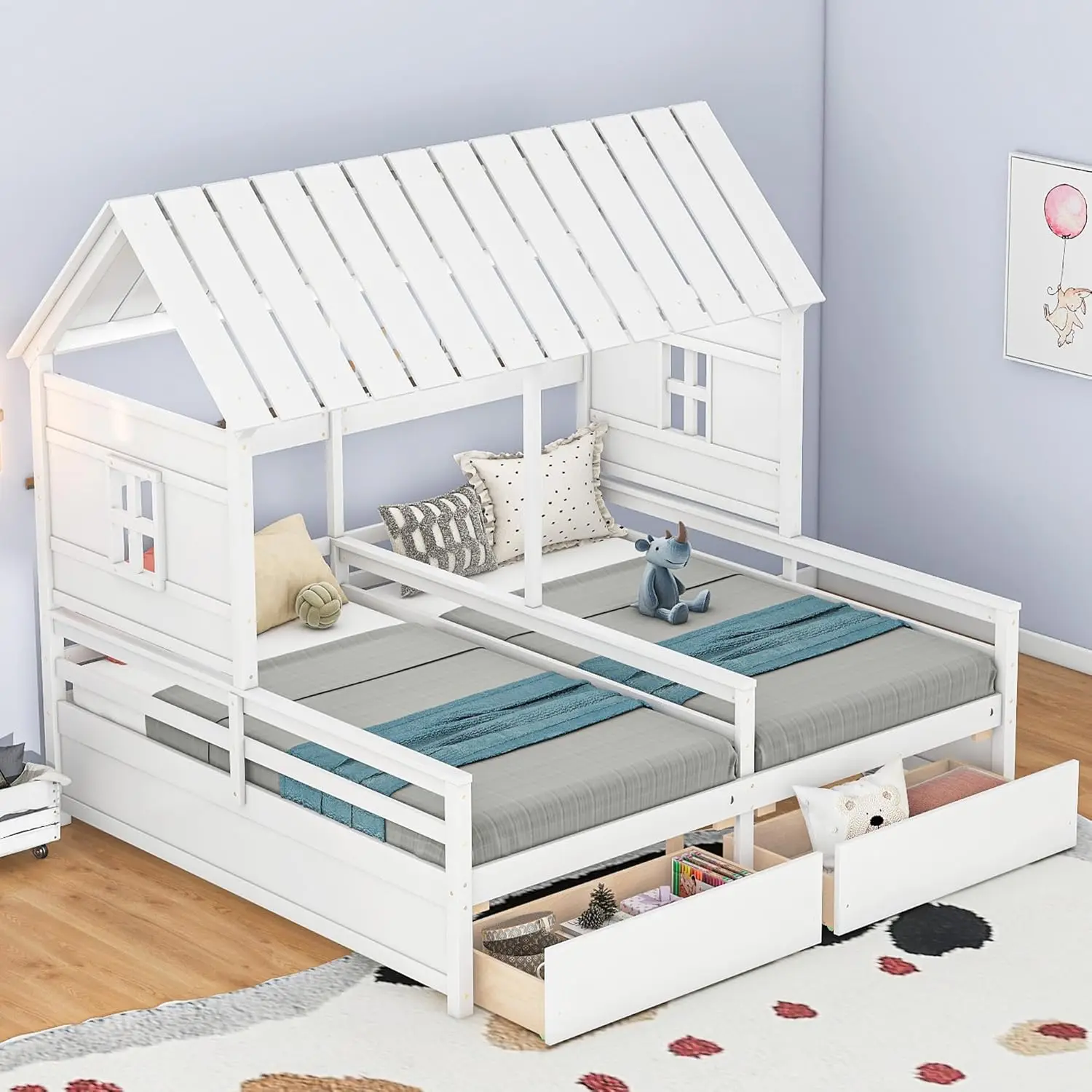 Bovza-Cama de casal compartilhada para crianças, cama de solteiro, com gavetas e telhado, 2 camas em 1, meninas ou meninos