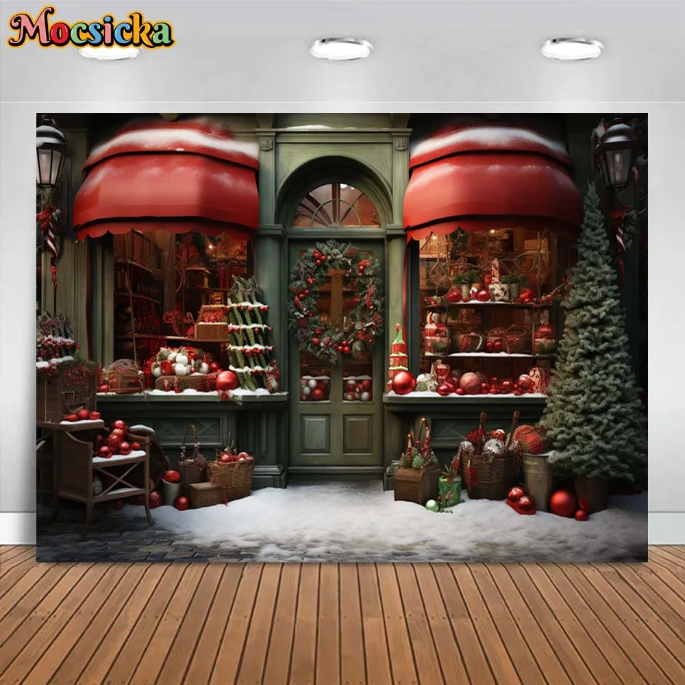 Mocsicka Christmas Winter Outdoor Backdrops for Photography Green Gift Store Xmas Garland Snow Kids Photo Background Shoot Props