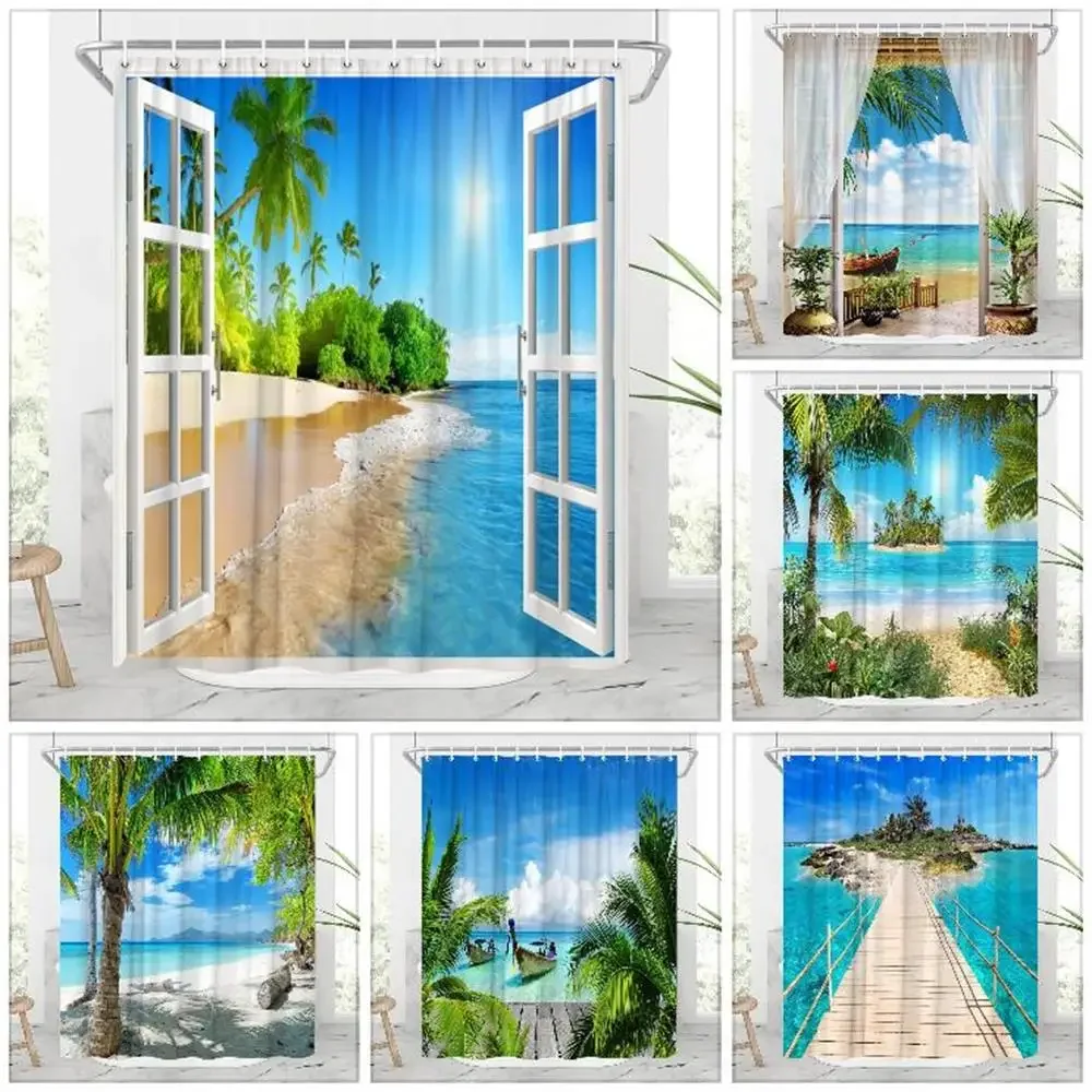 Seaside Landscape Outdoor Shower Curtain Ocean Beach Tropical Plants Nature Landscape Faux Window Hanging Curtain Bathroom Decor