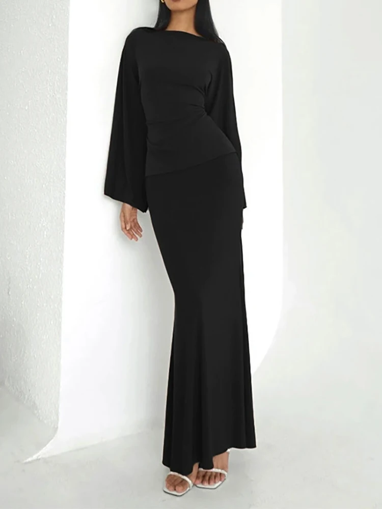 

Spring Solid Color Slim Fit Party Suit New 2026 Ladies Commuting Outfit Women's O-neck Long Sleeved Top and Skirt Two Piece Set