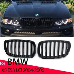 Glossy Black Front Hood Kidney Grille Grill ABS Dual Line Compatible for BMW X5 E53 LCI 2004 2005 2006 Replacement Grille