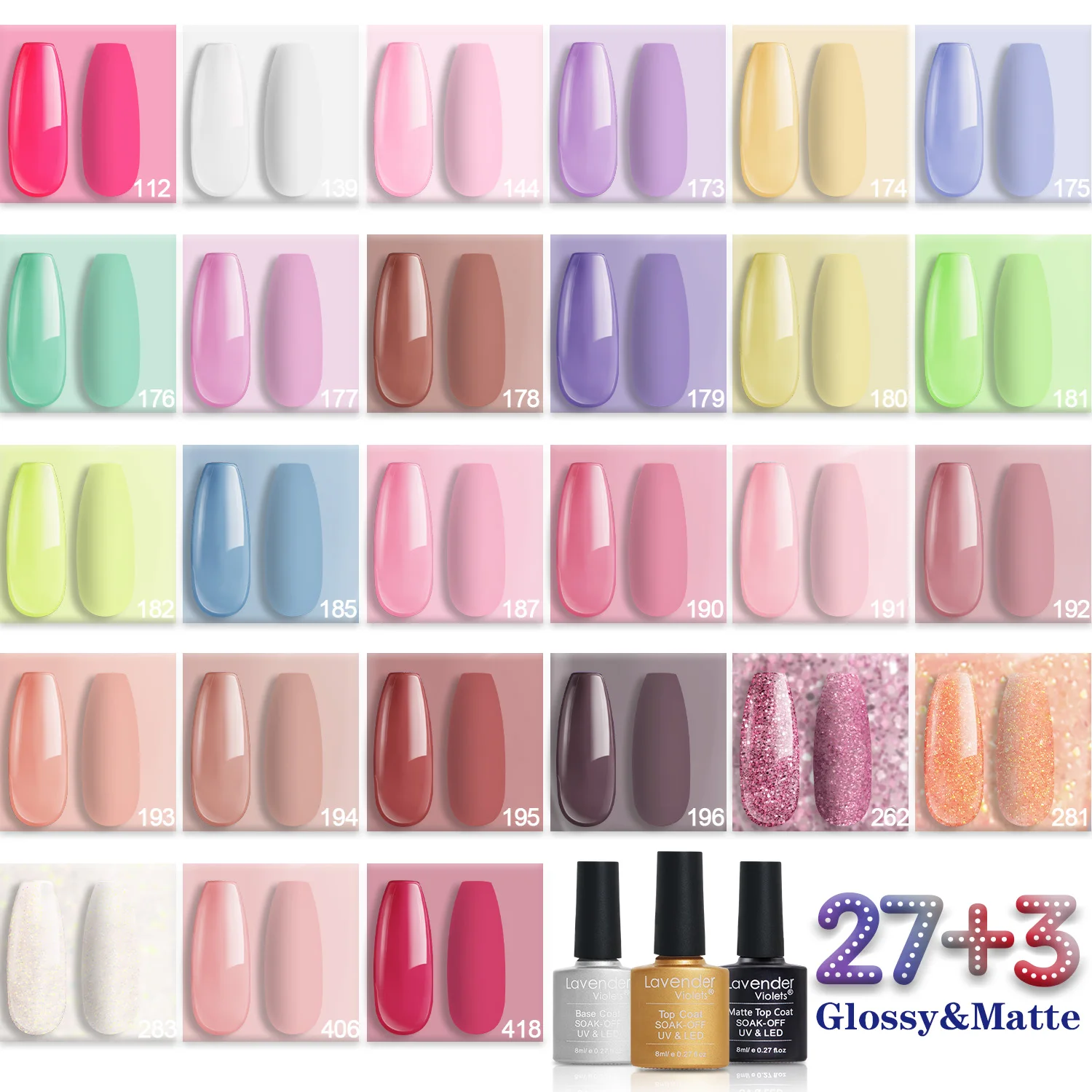 女性用ジェルネイルポリッシュキット,トップコート,サロンデザイン,マニキュアギフト,27の鮮やかな色,青,ピンク,紫,30個