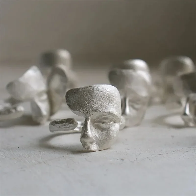 Burnt White Texture Mask Silver Handmade Open Ring Versatile and Personalized Mask Ring Frosted Niche High-end Accessory