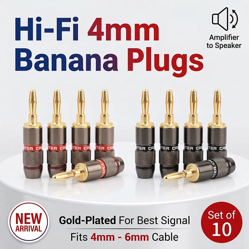 

10 шт. 24-каратных позолоченных Hi-Fi банановых разъемов с винтовым фиксатором для аудиокабелей 4-6 мм