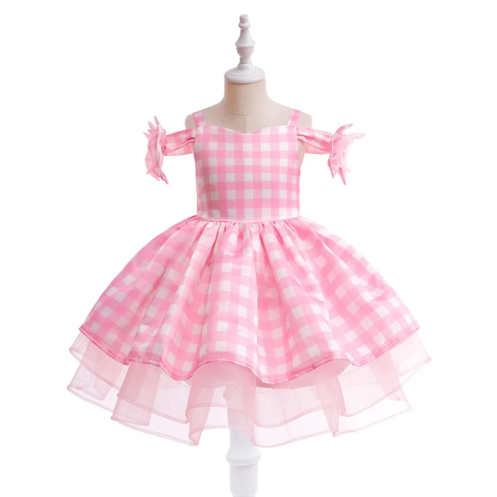 

Elegant Barbie Princess Tutu Dress Baby Girls Carnival Halloween Cosplay Costume Kids Vacation Summer Plaid Pink Slipe Dresses