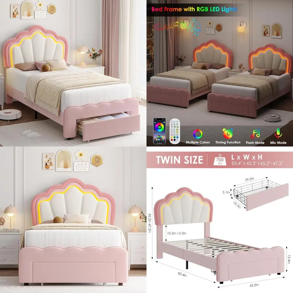 Twin Size Velvet Upholstered Bed with LED Lighting, Storage Drawers, and Adjustable Lotus Headboard for Girls