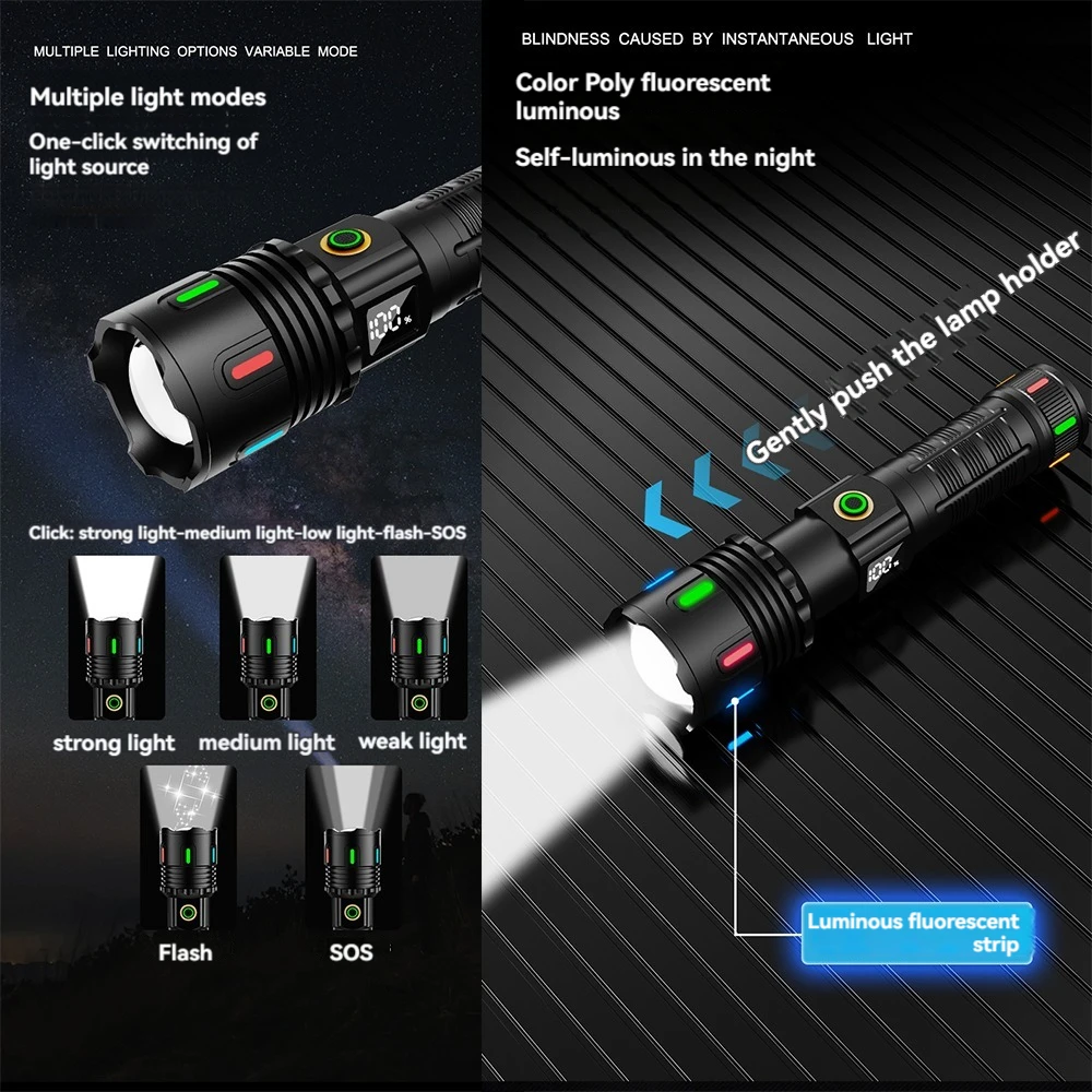 Imagem -03 - Usb Recarregável de Alta Potência Lanterna Led Luz Forte Lanterna Fluorescente Tiro Longo Tocha Tática ao ar Livre Lâmpada Super Brilhante