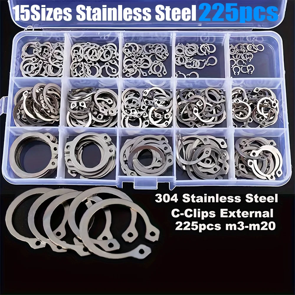 225-Piece Set of 15 Sizes of C-Clamp External Retaining Ring Kit, 304 Stainless Steel Coil Shaft Sorting Kit, M3 - M20 Set