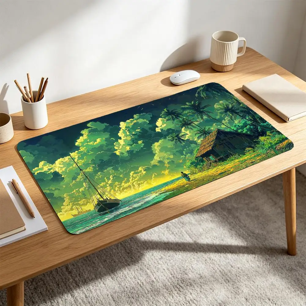 Large Anime Tropical Island Gaming Mouse Pad Beach Wooden Hut Palm Tree Sailboat Sea Bright Cloud alfombrillas para escritorio